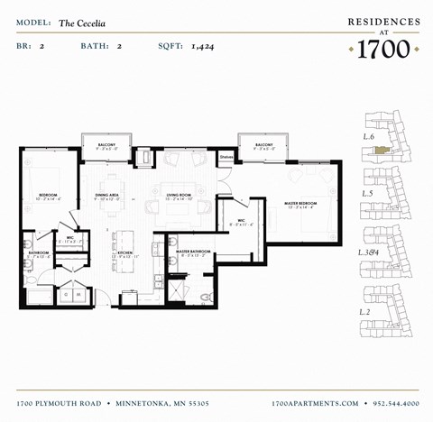 Floor plan for 2 beds, 2 baths, 1424 sqft